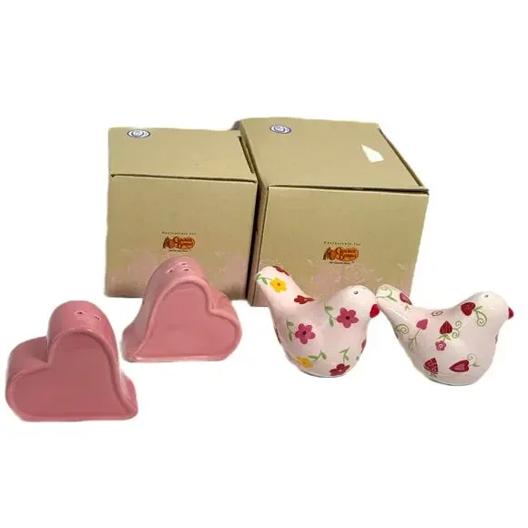 Lot of 2 Cracker Barrel Ceramic Salt Pepper Shakers Hearts Pink Floral Birds